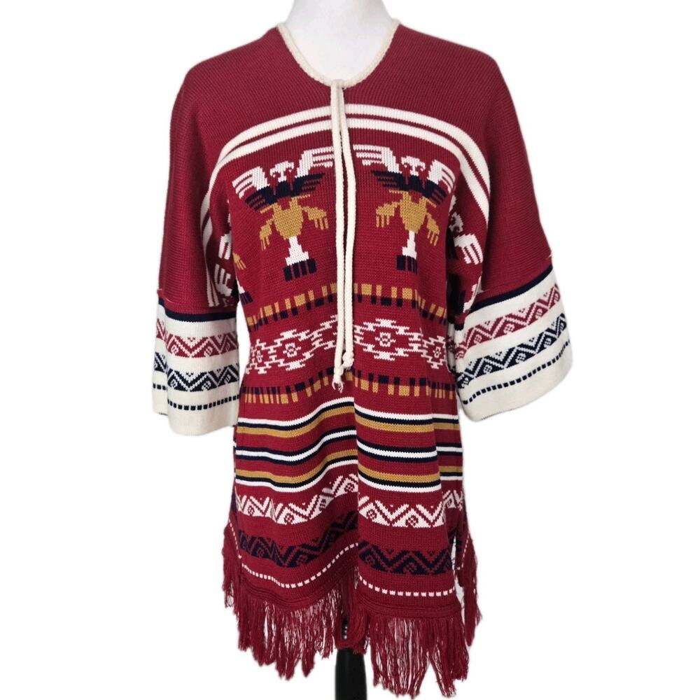 Vintage 70s Peruvian Knit Poncho Southwestern Tunic Fringe Top Sz M/L